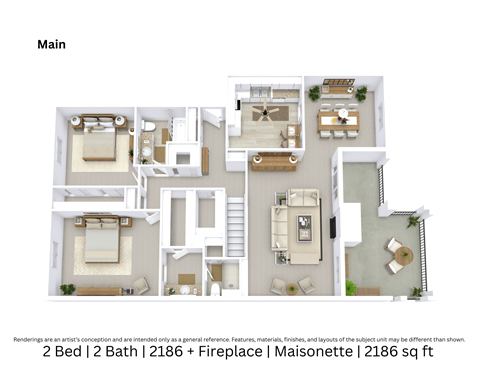 3D floor plan offering a detailed angled view of a two-bedroom, two-bath Maisonette with a fireplace, showing furniture layout and flow across 2,186 Sq. Ft.